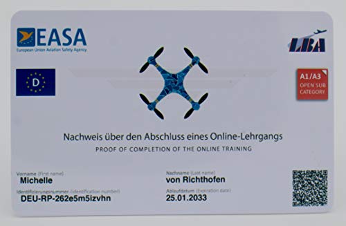 Roboterwerk Drohnenführerschein nach LBA-Vorgaben - EU-Kompetenznachweis A1/A3 und A2, mit QR-Code und Adressdaten hinten, Scheckkartengröße, hochwertige Plastikkarte mit 600dpi