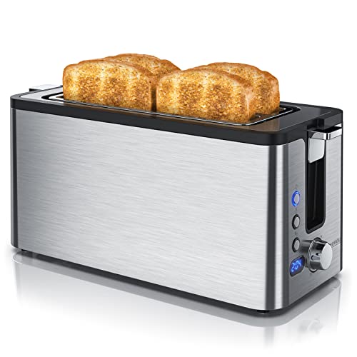 Arendo - Edelstahl Toaster Langschlitz 4 Scheiben - Defrost Funktion - wärmeisolierendes Gehäuse - mit integrierten Brötchenaufsatz - 1400W - Krümelschublade - Display mit Restzeitanzeige - Silber