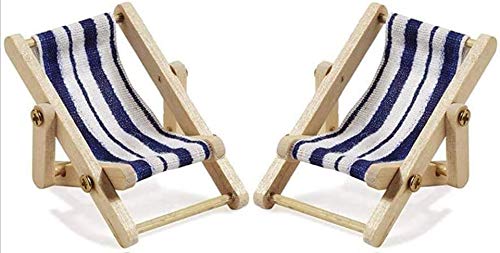 2er Set Liegestuhl Miniatur Strand Stuhl Mini Deko Stuhl, Holz, blau-weißer Stoffsitz, 5 x 3,5 cm