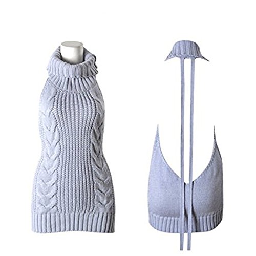 JYSPORT Damen Pullover ärmellose Rückenfrei Turtleneck Open Back Sweater Backless Jumpsuit Strickpullover (Grey, L)