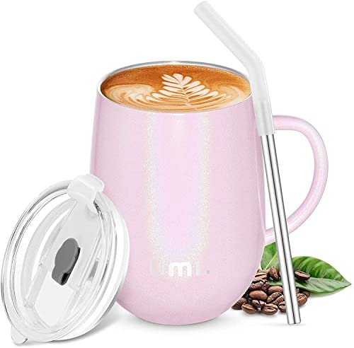 Amazon Brand - Umi Kaffeebecher to go mit Griff, 360ml Thermobecher Edelstahl doppelwandig isoliert Kaffeebecher ohne BPA,Reisebecher mit Trinkhalm und 2 Deckel,Kaffeetasse für Kaffee,Wein(rosa)