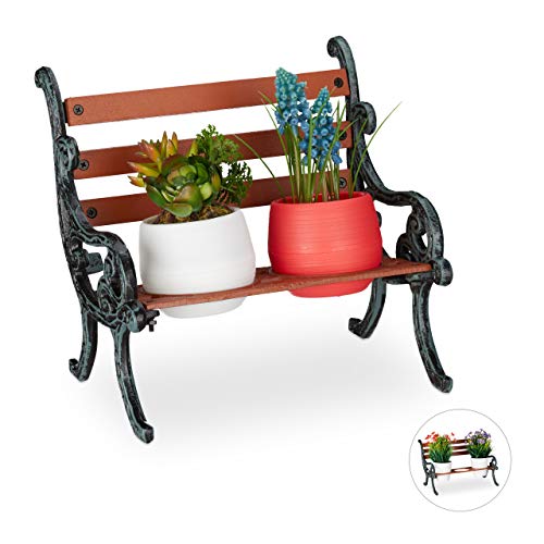 Relaxdays Mini Blumenbank, Gusseisen & Holz, Blumenständer für 2 Blumentöpfe, Ø 7,5 cm, Garten Deko, braun/grau-grün