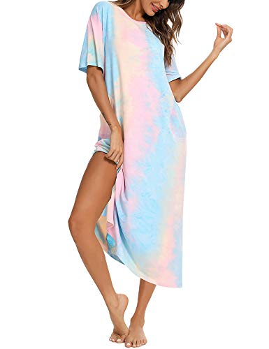 BESDEL Loungewear Langes Nachthemd Ultra-Soft Tie Dye Nachthemd für Damen in voller Länge Nachtwäsche mit Tasche TD LPurple L