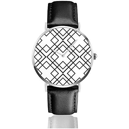 Fliesenmuster mit Schwarz-Weiß-Ornament Lederband Armbanduhren Edelstahl Quarzuhr