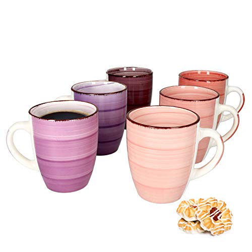 MamboCat Lila Baita 6-er Kaffee-Becher-Set I Steingut-Tasse groß mit Strudel-Dekor - in tollen Violett-Tönen I große Jumbo-Tee-Tasse - Tea & Coffee Mug I 300 ml Kaffee-Tassen-Set groß 6 Stück