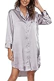 Alcea Rosea Damen Satin Nachthemd 3/4 Ärmeln Boyfriend Style Schlafshirt mit Knöpfe Nachtwäsche Sleepwear S-XXL (Grau, M)