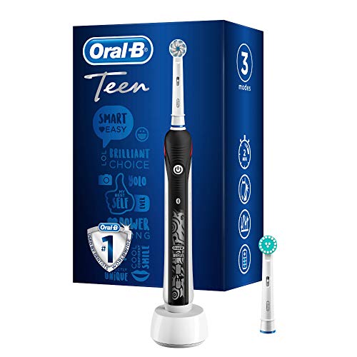Oral-B Teen Elektrische Zahnbürste/Electric Toothbrush, 3 Putzmodi inkl. Sensitiv & Bluetooth-App für Zahnpflege, Ortho-Care Aufsteckbürste für Zahnspangen, Designed by Braun, schwarz
