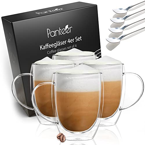 Panteer ® Kaffeegläser doppelwandig - Aus Borosilikatglas - mit 4 langen Löffeln - Latte Macchiato Gläser - Teegläser - Thermogläser doppelwandig (350ml Cappuccino 4x mit Henkel)