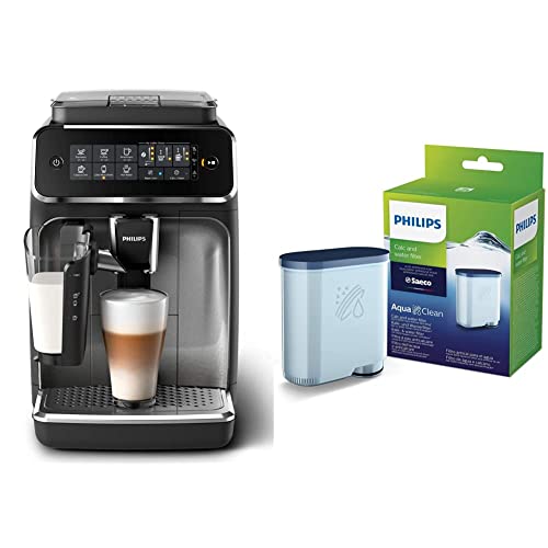 Philips 3200 Serie EP3246/70 Kaffeevollautomat, 5 Kaffeespezialitäten (LatteGo Milchsystem) Schwarz/Silber-lackiert & Kalk CA6903/10 Aqua Clean Wasserfilter für Kaffeevollautomaten, Kunststoff