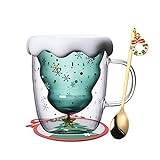 BigNoseDeer Kaffeebecher Doppelwandig Glas Weihnachtsbaum Isolierglasbecher mit Griff Perfekt für Latté, Americano, Cappuccino, Teebeutel, Getränk 300 ml