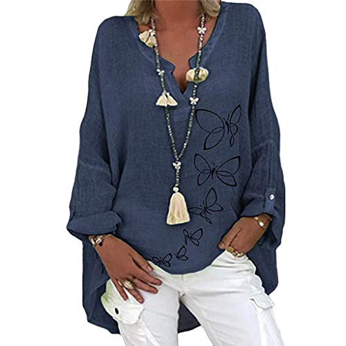 Frauen Oversize Baumwolle Leinen Tops Casual Schmetterling Print Tunika Plus Size Langarm Langarm V-Ausschnitt Loose Shirt Bluse (L,Marine)