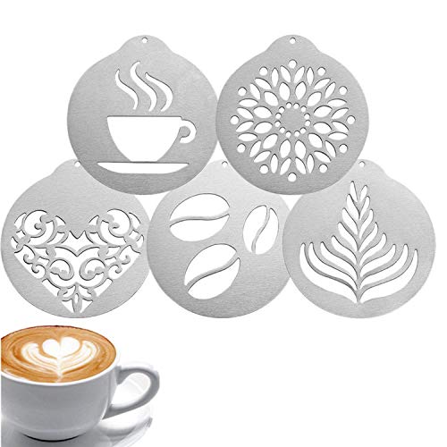 Kaffeeschablonen aus Edelstahl, Kaffee-Dekorationsschablone, Barista, Cappuccino, Kunst, Vorlagen, Kaffee, Girlanden, Kuchendekorationswerkzeug (5 Stück)