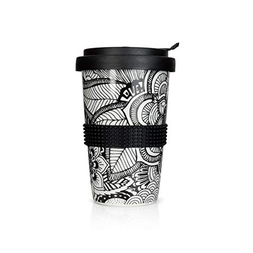 Mahlwerck Kaffeebecher to go, Porzellan Coffee-to-go Becher mit auslaufsicherem Deckel, Mandala Motiv in Schwarz-Weiß, 400 ml