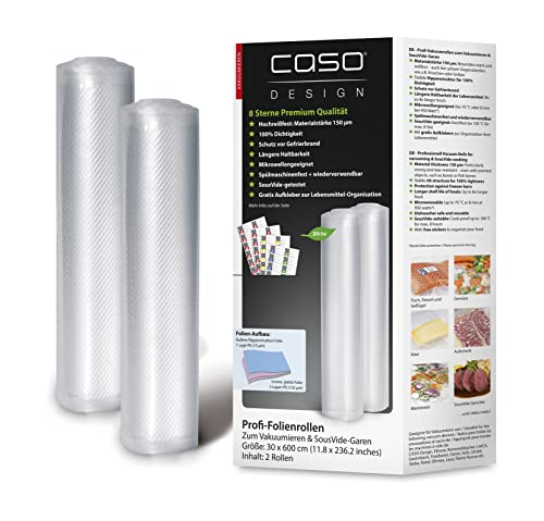 CASO Profi- Folienrollen 30x600 cm / 2 Rollen, für alle Vakuumierer, BPA-frei, sehr stark & reißfest ca. 150µm, aromadicht, kochfest, Sous Vide, wiederverwendbar, inkl. Food Manager Sticker