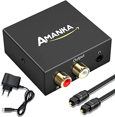 AMANKA Audio Konverter Wandler Digital, Toslink und Koaxial zu Analog (Cinch und 3,5mm Klinke) mit Netzteil 5V/DC und Toslink Kabel - Schwarz