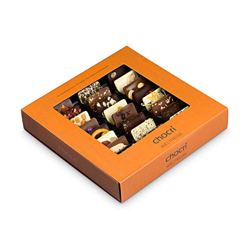 chocri 'Weltreise' - 24 Schokoladen-Täfelchen in einer Geschenkbox - handbestreut mit Zutaten aus verschiedenen Regionen der Welt - Fairtrade-Kakao - perfektes Geschenk für Frauen und Männer, für die Mama und für die Eltern, zur Hochzeit oder zum Geburtstag - 165g