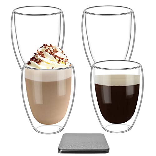 350ml Latte Macchiato Doppelwandige Gläser - Cappuccino Tassen Espressotassen Gläser - Spülmaschinenfeste Eiskaffee Gläser Teegläser Kaffeetassen Thermogläser Doppelwandig 4er Set mit 4 Untersetzer