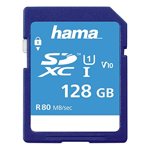 Hama 128 GB SDXC-Speicherkarte, Class 10, V10, UHS-I (bis zu 80MB/s, für Full-HD- und 3D-Video-Aufnahmen, z.B. Digitalkamera, Camcorder, Videokamera, mit Schreibschutz) SDXC-Card
