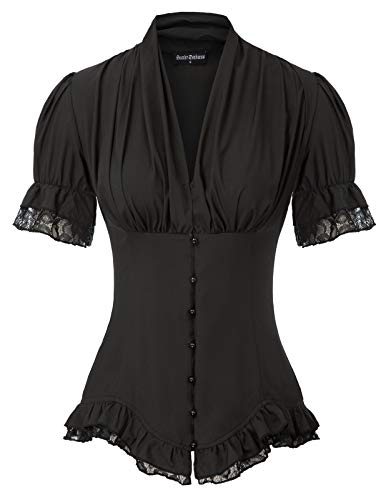 Damen Gothic Plissee Shirt Tops Renaissance Short Puff Sleeve V-Ausschnitt Bluse Schwarz S