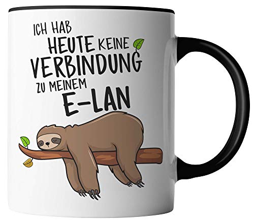 vanVerden Tasse - Ich habe heute keine Verbindung zu meinem E-Lan - Faultier - beidseitig Bedruckt - Geschenk Idee Kaffeetassen, Tassenfarbe:Weiß/Schwarz