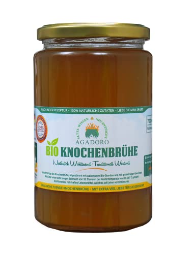AGADORO Bio Knochenbrühe (6 x 720ml) | 36 Stunden Kochzeit | 100% natürliche Zutaten | nach alter Rezeptur hergestellt | DE-ÖKO-012