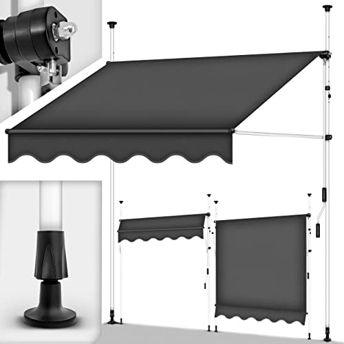 tillvex Klemmmarkise 400cm Grau mit Handkurbel Balkon | Balkonmarkise ohne Bohren | Markise UV-beständig & höhenverstellbar | Sonnenschutz wasserdicht