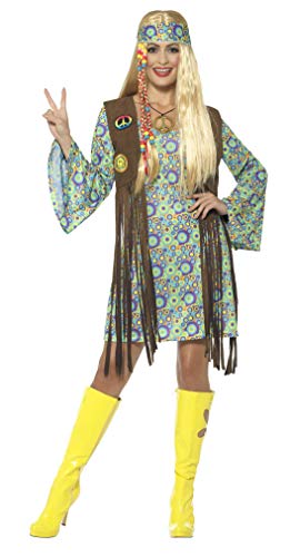 Smiffys Damen 60er Jahre Hippie Chick Kostüm, Kleid mit Weste, Medaillon und Haarband, Mehrfarbig, M