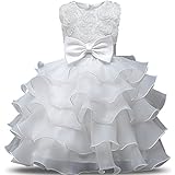 NNJXD Mädchen Kleid Kinder Rüschen Spitze Party Brautkleider Größe(150) 7-8 Jahre Blumen Weiß