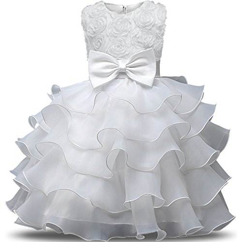 NNJXD Mädchen Kleid Kinder Rüschen Spitze Party Brautkleider Größe(90) 12-24 Monate Blumen Weiß