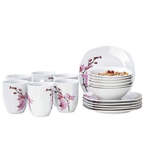 Van Well 18tlg. Frühstücksservice Kyoto, Kaffeebecher + kleine Teller + Müslischalen, Porzellan-Geschirr, Blumen-Dekor Orchidee, rosa-rot, pink