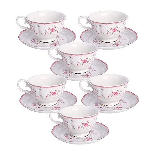 fanquare Rosa Rose Blume Set mit 6 Teetasse und Untertasse, Britisches Vintage Nachmittagstasse Set, Porzellan Kaffeetasse mit Goldrand, 150ml