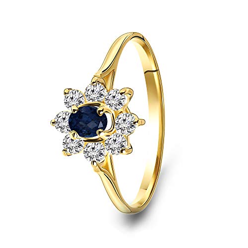 Miore Ring Damen Verlobungsring Gelbgold 14 Karat / 585 Gold mit Edelstein blauer Saphir und rundschliff Zirkonia Steinchen, Schmuck