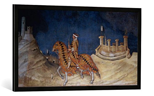 Gerahmtes Bild von Simone Martini 'Commemoration of Guidoriccio da Fogliano at the Siege of Montemassi, from the Sala del Mappamondo, 1328', Kunstdruck im hochwertigen handgefertigten Bilder-Rahmen, 100x50 cm, Schwarz matt