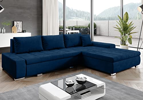 FURNIX Ecksofa Tommaso mit Schlaffunktion und Bettkasten - Couch Sofa mit Kissen - L-Form Sofa, Stellfüße in Chromoptik - B297 x T210 x H85 cm, Liegefläche 255 x 150 cm - MH77 (blau)