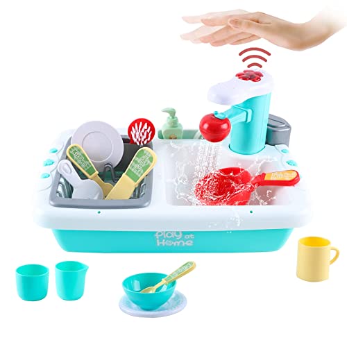 deAO Kinderhandsensorsteuerung Pretend Kitchen Sink Spielset mit Küchen- und Lebensmittelzubehör - tolles Geschenk für Kinder