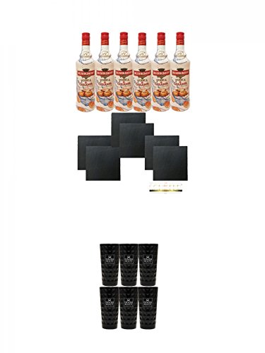 Rushkinoff Vodka & Caramello 6 x 1,0 Liter + 6 Schieferuntersetzer + Three Sixty black Vodka Glas 6 Stück (black)