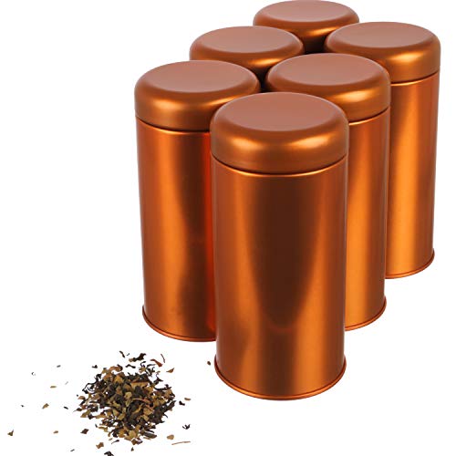 | 6 x runde Retro Teedose/Gewürzdose | kupferfarben, aromadicht aus Metall für je 100gr Gewürzpulver | 14 x 6,6 cm (H,ø) | auch ideal für losen Tee oder Kräuter