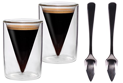 Feelino® Espressotassen Set (2x70ml + 2 Löffel) Espresso Gläser, doppelwandige Gläser, Espressokaffeetassen, Doppelwandige Kaffeegläser, Espresso Tassen, Espressokaffeetassen Thermogläser doppelwandig