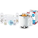 NUK First Choice+ Babyflaschen Starter Set | 0–6 Monate | 4 Flaschen mit Temperature Control Anzeige & Flaschenbox | Anti-KoliK-Ventil | 5 Stück & Thermo 3 in 1 Flaschenwärmer