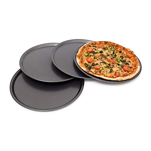 Relaxdays rundes Pizzablech, Backblech 4er Set, Backset aus beschichtetem Carbonstahl, Pizza & Flammkuchen, 33cm Ø, grau
