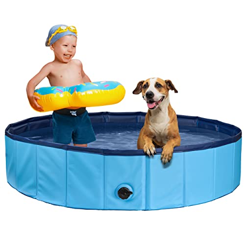Stabiler Hundepool | Planschbecken für Hunde | Faltbarer Pool mit Ablassventil | rutschfeste Badewanne | Bällebad Kinder | Bälle Bad inkl. Badebürste & Reparaturset - Dog Pool 160x30 (Blue)