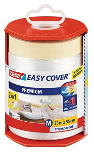 tesa Easy Cover Premium Abdeckfolie für Malerarbeiten - 2 in1 Malerfolie zum Abdecken und Kreppband zum Abkleben - Nachfüllbar, mit Abroller - 33 m x 55 cm