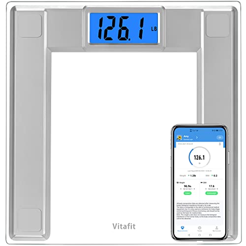 Vitafit 250kg Digitale Personenwaagen Waage mit Gewicht und BMI, Smarte Körperwaage mit Smartphone App Sync via Bluetooth, 8 mm Hartglas mit extra-breiter Plattform,Silber