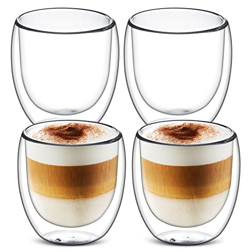 4 x 250 ml Doppelwandige Gläser Doppelwandige Latte Macchiato Gläser, Doppelwandiger Glasbecher, Hitze - und Kältebeständigkeit - Gläser aus Borosilikatglas für Cappuccino,Latte,Tee,EIS,Milch,Bier