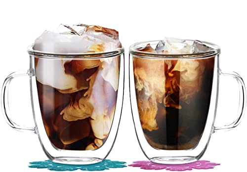 Tassen mit Henkel,BOQO Doppelwandige Kaffeetassen aus Gläser,Trinkgläser set,Wassergläser,Gläsersets,350ml Set von 2