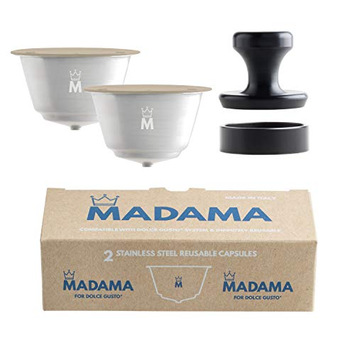 Madama – nachfüllbare Dolce Gusto-Kaffeekapseln, wiederverwendbar und kompatibel. Edelstahl und lebensmitteltaugliches Silikon. Zu 100 % in Italien hergestellt. Packung mit 2 Kaffeepads