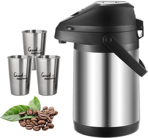 PARACITY Pumpkanne Kaffeekanne 3L mit 3 Tassen/Hebelwirkung/Pumpe, Edelstahl Kaffee Thermos zum Warmhalten, Pumpkanne 3 Liter Thermoskanne, Thermoskanne, Kaffeekanne, Für das Partyfrühstück