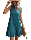 ZEAGOO Sommerkleid Damen Kurz Elegant Smock Dress V Ausschnitt ärmellos Strandkleider Casual Rüschenkleid Blau Grün S