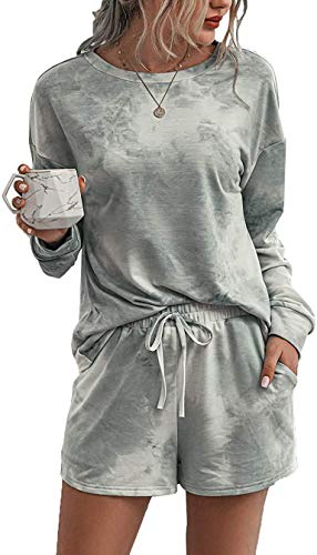 Doaraha Damen Schlafanzüge Kurz Pyjama Vintage Jogginganzug Hausanzug Kurz Zweiteilige Nachtwäsch Trainingsanzüge Lounge-Set für Sommer Freizeit Urlaub, Tie-Dye-Grau(T), M