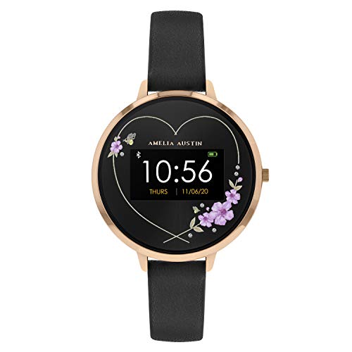 Amelia Austin Roségold Smart Watch für Damen, Purple Flower Heart Design, Damen-Armbanduhr, Activity Tracker, mit Schwarzem Lederarmband, Kompatibel mit Android oder iPhone, Camellia Heather